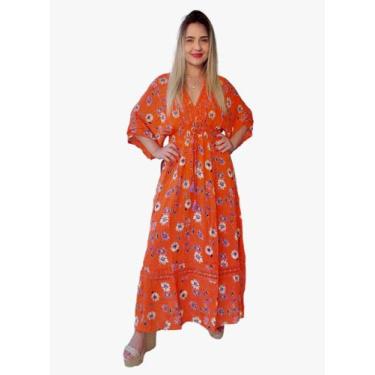 Imagem de Vestido Longo Indiano Estampado Manga Curta Viscose Cod.163 - Aléci Fa