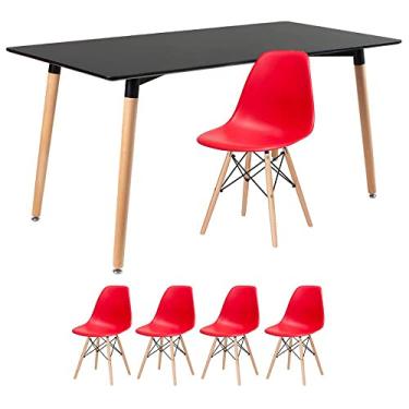 Imagem de Loft7, Kit - Mesa de jantar retangular Eames 80 x 160 cm preto + 4 cadeiras Eiffel Dsw Vermelho