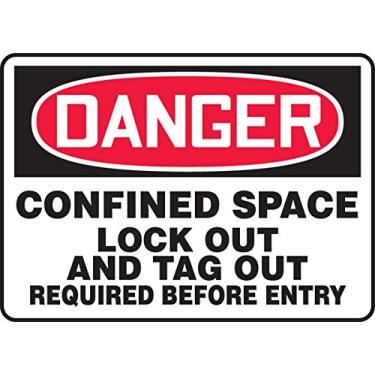 Imagem de Accuform Placa de plástico MCSP111VP, Legend, "Perigo de espaço confinado bloqueado e etiqueta necessária antes da entrada", 25,4 cm de comprimento x 35,5 cm de largura x 0,1 cm de espessura, vermelho/preto sobre branco