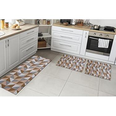 Imagem de Kit Tapete+Passadeira 3 Pçs Antiderrapante Miami Ladrilhos Caramelo/Cru Jacquard