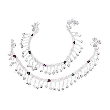 Imagem de Duel On Jewel Tornozeleira feminina indiana banhada a prata pingente paayal jhanjar par com sinos pérolas pedras para dança, festa de casamento, presentes de Dandiya, 9.56 inches (plus 0.56 inch for