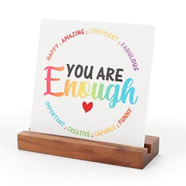 Imagem de LHIUEM Decoração de mesa motivacional You are Enough (10 cm x 10 cm) Sinal inspirador arco-íris com suporte de madeira, decorações de mesa para decoração de escritório em casa, presentes de incentivo para mulheres homens amigos