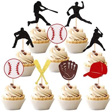 Imagem de 24 peças de topos de cupcake de beisebol com glitter, tema esportivo, palitos de cupcake, beisebol, tema esportivo, chá de bebê, decoração de bolo para festa de aniversário infantil