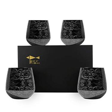 Imagem de Sky Fish Taças de vinho gravadas em aço inoxidável sem haste, 530 ml banhadas a preto, conjunto de 4