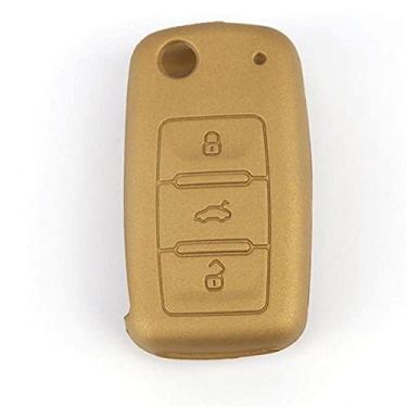 Imagem de YJADHU Capa de silicone para chave de carro Flip Remote Capa protetora para chave 3 botões, apto para VW POLO Golf Jetta Tiguan Passat Bora Skoda Fabia, ouro