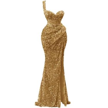 Imagem de Vestidos de formatura com lantejoulas de um ombro 2024 brilhante sereia fenda vestidos de festa para noite para mulheres formais, Dourado, 3