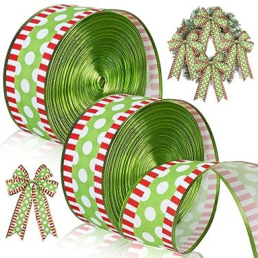 Imagem de 2 Rolos de Fita de Natal Espiral Pontos com Fio com Listras Embrulho Com Fio Fita de Tecido Colorido Fitas Decorativas de Natal para Suprimentos de Decoração de Natal 6,5 cm (Estilo Bolinhas, 50 Jardas de Comprimento)