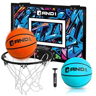 Imagem de AND1 Mini cesta de basquete: 18" x 12" pré-montada portátil sobre a porta com aro flexível, inclui dois mini basquetebol de 12,7 cm vazios com bomba, para interior, laranja/azul claro