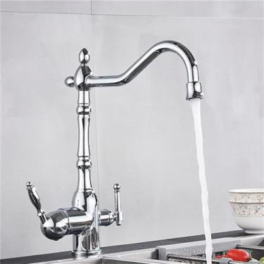 Imagem de Torneira de cozinha preta com filtro de água potável, alça dupla, purificador de latão, pia, água quente e fria, cromada