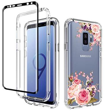 Imagem de Vavies Capa para Galaxy S9 Plus, capa para Samsung S9 Plus G965U com protetor de tela de vidro temperado, capa de celular transparente com proteção floral para Samsung Galaxy S9 Plus (flor rosa)