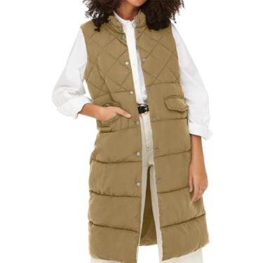 Imagem de Tankaneo Colete feminino longo acolchoado de algodão gola alta botão sem mangas jaqueta inchada agasalho, Caqui, XXG