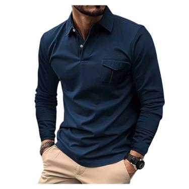 Imagem de Camisa polo masculina bolso frontal meio botões cor sólida gola larga pulôver ajuste solto, Azul-escuro, M