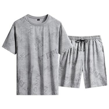 Imagem de Conjunto masculino de 2 peças, estampado, camuflado, curto, cetim, estampado, 2 peças, camisa polo, Cinza-claro, X-Large