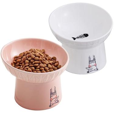Imagem de Tigelas de cerâmica extra largas para gatos de 16,5 cm, tigela de água elevada inclinada de porcelana melhorada, alimentador de animais sem estresse, pratos para gatos grandes e cães pequenos, branco e rosa