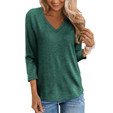 Imagem de TICTICMIMI Camisetas femininas casuais com gola V e manga 3/4, camisetas básicas de verão, caimento solto, pulôver, túnica, Verde escuro, P