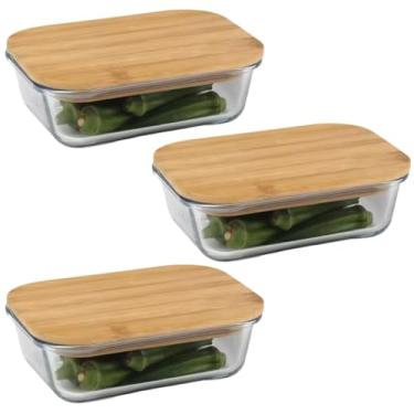 Imagem de Lehaví Pote Hermético Vidro Tampa Bambu Retangular 420ml 3 Unidades