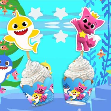Imagem de Bby – Enfeite de cupcake de tubarão para festa de aniversário – decoração de cupcake com tema de oceano subaquático – Porta-cupcakes da família de tubarões fofos para chá de bebê, primeiro aniversário