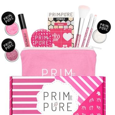 Imagem de Prim and Pure Conjunto de presente de maquiagem infantil – estêncil, sombra de maquiagem bioglitter brilho labial e bolsa de cosméticos acessórios de pincel de maquiagem espelhado (unicórnio rosa)