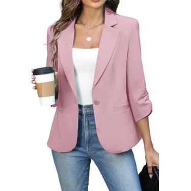 Imagem de ELLEVEN Blazers femininos franzidos de manga 3/4, caimento justo e leve com ombro acolchoado para negócios casuais, rosa, PP