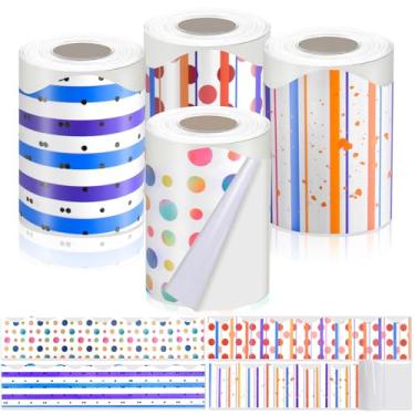 Imagem de EcjoyHub Bordas de quadro de avisos, 4 rolos de bordas de 196,8 m para quadro de avisos, bordas autoadesivas de bolinhas listradas, boletim de sala de aula para decoração de escritório, escola,