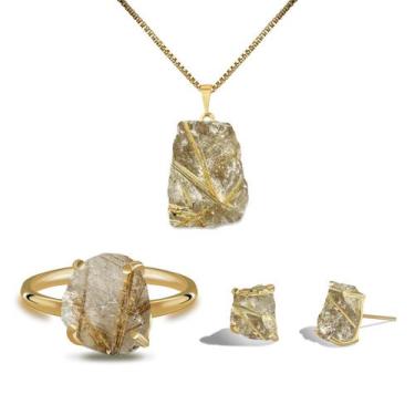 Imagem de Conjunto Natura Quartzo Rutilo - Cristal Natural, Banho Ouro 18k