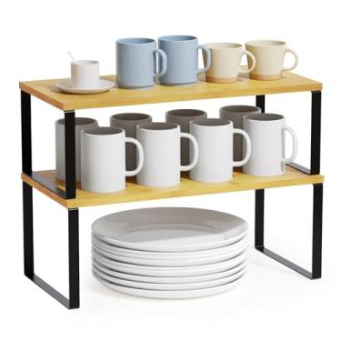 Imagem de SpaceAid Organizadores de prateleira de armário, pacote com 2, prateleiras de bancada de cozinha, suporte de temperos expansível empilhável, organização de armazenamento de armário de despensa (bambu