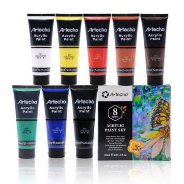 Imagem de Artecho Conjunto de tintas acrílicas para pintura de arte, decoração, 8 cores, 120 ml, suprimentos de tinta acrílica básica para madeira, tecido, artesanato, lona, couro e pedra