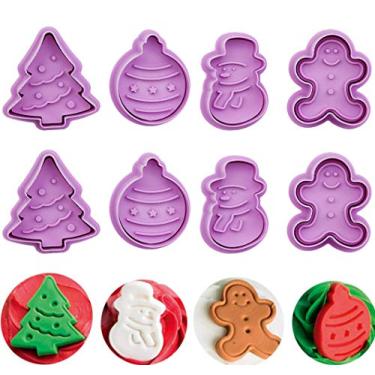 Imagem de Luckycivia Pacote com 8 cortadores de biscoito de Natal para fondant, cortador de pastelaria, árvore de Natal, boneco de neve, gingerbread e ovo, gravação direta, conjunto de cortadores de cabo com