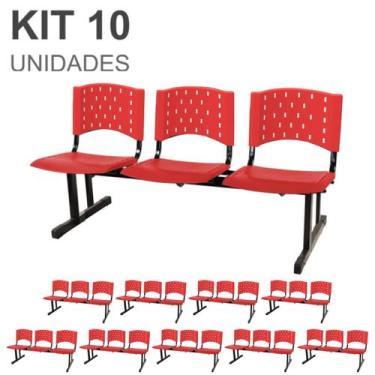 Imagem de Kit 10 Cadeiras longarinas PLÁSTICAS 03 Lugares para recepção Cor VERM