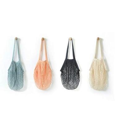 Imagem de Pacote com 4 sacos de compras portáteis reutilizáveis bolsa de frutas e legumes lavável de malha de algodão organizador orgânico bolsa de compras bolsa de rede com alça longa (azul cinza, preto, bege, rosa)