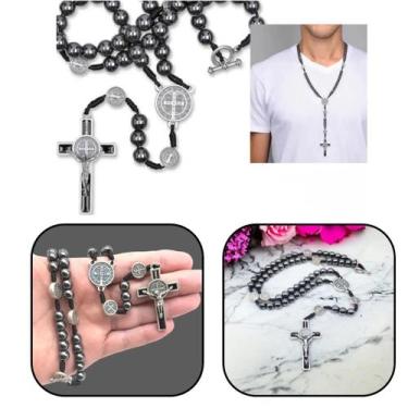 Imagem de Colar terço masculino hematita são bento no cordão com cruz - FORNECED
