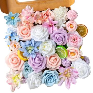 Imagem de ASTRYAS Conjunto de flores artificiais rosas artificiais rosa azul e rosa mistura limão com hastes flores falsas para casamento, buquês de casamento, centros de mesa, arranjos de festa, chá de bebê,