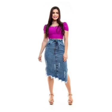 Imagem de Saia Feminina  Jeans Midi Barra Desfiada  - Restrito Jeans, 48, Azul m