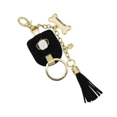 Imagem de Chaveiro de Couro Preto Dog Cachorro Osso Banhado a Ouro fecho Mosquet