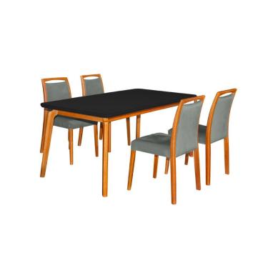 Imagem de Mesa Jantar Luxo Jade 160X90cm Preto Com 4 Cadeiras Estofadas Veludo Cinza Base Madeira Maciça