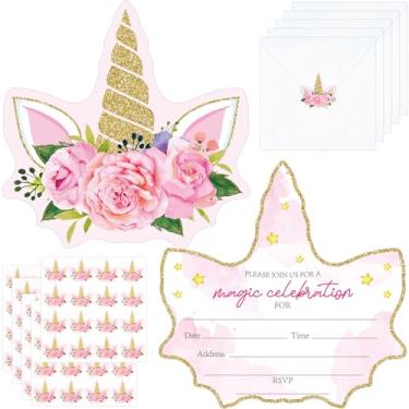 Imagem de Justforjoyful 30 pacotes de convites de aniversário de unicórnio com envelopes e adesivos de unicórnio cartão de convite de festa de unicórnio para crianças decoração de chá de bebê unicórnio