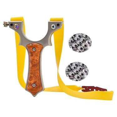 Imagem de Edgeoprops estilingue com cabo de madeira, braços de borracha amarela, pacote de munição de bola de aço, arco de estilingue funcional de aço inoxidável