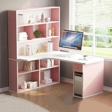 Imagem de Mesa branca moderna em forma de L com cabana - Mesa de canto de madeira para computador com gavetas, prateleiras de armazenamento, mesa de escrita e estudo para escritório em casa, rosa, 120 x 45 x