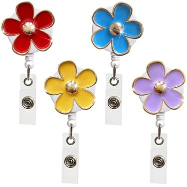 Imagem de Pacote com 4 carretéis retráteis para crachá de identificação de margarida com clipe, cordão retrátil de 61 cm, porta-cartões de nome para trabalhadoras de escritório, médicas, meninas e mulheres