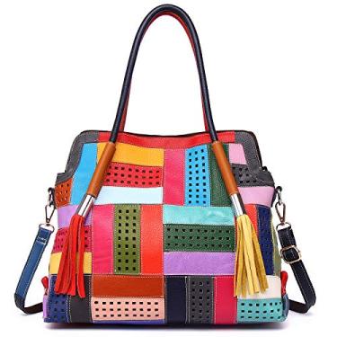 Imagem de Bolsa feminina de couro legítimo, bolsa de ombro vazado, multicolorida, patchwork, Multicolorido, médio,