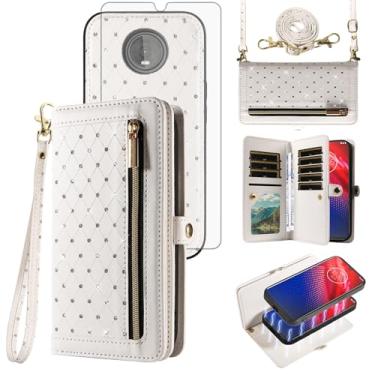 Imagem de Capa de celular para Moto Z4/Moto Z 4 Play/MotoZ4 Force Zipper carteira destacável com protetor de tela alça transversal Bling Flip suporte para cartão de crédito Motorola 4Z Motoz4Play Motoz4Play