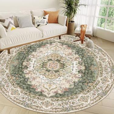 Imagem de Castage Tapete Redondo Verde de 2,7 m, Tapetes Grandes para Quarto, Sala de Estar, Sala de Jantar, Lavável, Boho, Vintage, Oriental, Antiderrapante, Floral Sálvia