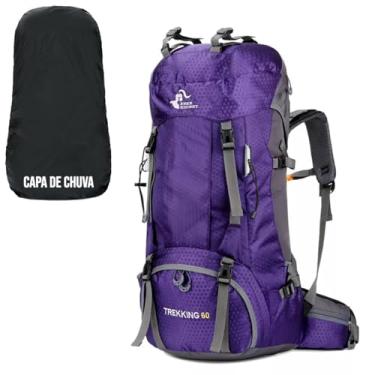 Imagem de TOKSHOP Mochila Masculina Grande 60 Litros + Capa de Chuva Cargueira Camping Alpinismo (Violeta)