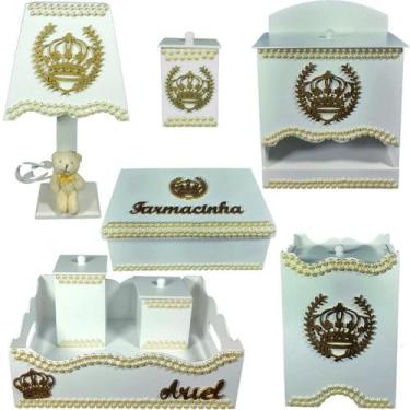 Imagem de Kit Higiene bebê Mdf farmacinha 8 pçs - BRANCO COM PEROLAS DE COROA - 