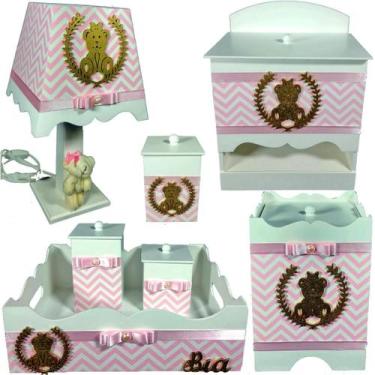 Imagem de Kit Higiene bebê Mdf menina 7 pçs - CHEVRON ROSA DE URSINHA - Flores p