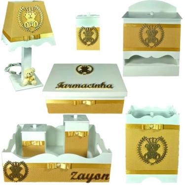 Imagem de Kit farmacinha Higiene bebê Mdf 8 pçs - MARRON DE BOLINHAS COM URSINHO