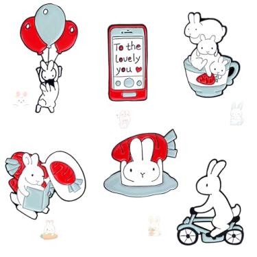 Imagem de JHCHUYI 6 peças de broches de animais fofos, coelho branco de Páscoa, broches de mochila de cenoura, coelho andando de bicicleta para comprar cenouras, telefones celulares, balões, copos, alfinetes de
