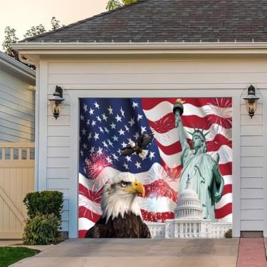 Imagem de Leyiyi 2,1 x 2,4 m Dia da Independência Porta de Garagem Decorações Bandeira Americana Estátua da Liberdade Águia careca 4 de julho Pano de fundo para porta de garagem para Dia do Trabalho Veteranos