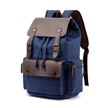 Imagem de Mochila de lona moda estilo vintage para homens mochila de couro mochila escolar para laptop(Blue-PU leather)