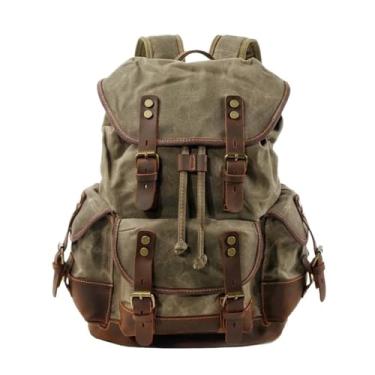 Imagem de Mochilas de lona de couro de grande capacidade para homens sacos vintage mochila de qualidade portátil mochila masculina(Army Green)